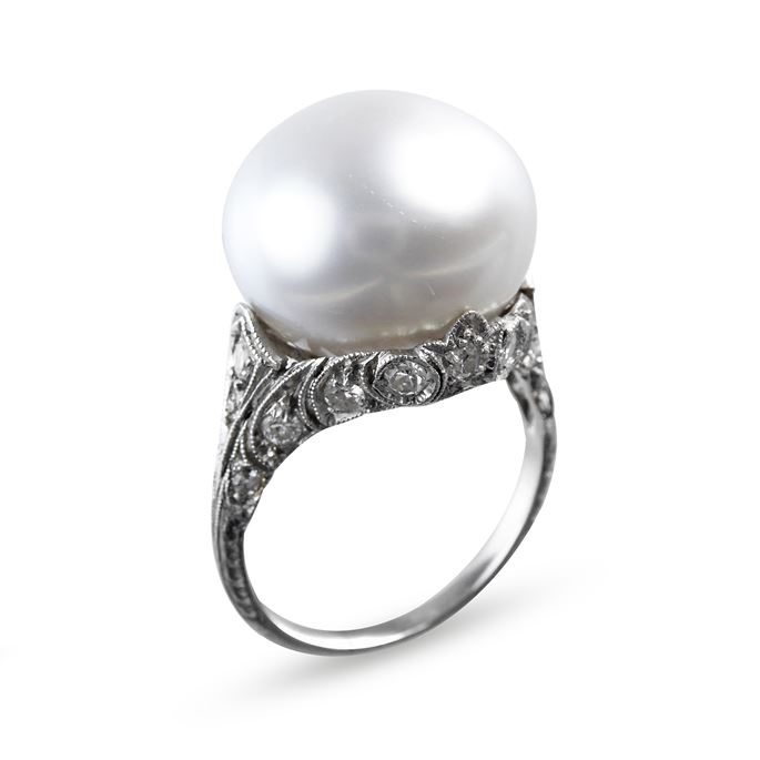 Antique single stone pearl and diamond ring, c.1900, the white bouton pearl 17.984ct, | MasterArt